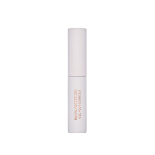 Valkoinen putkilon tyyppinen pullo, jossa oranssi tekstiteksti 'BROW FREEZE GEL'.