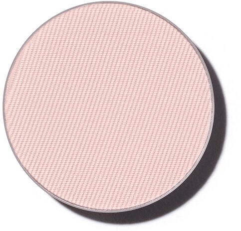 En rund, rosa kosmetikpuderförpackning med en texturerad yta och silverkant.