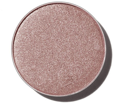 En rund makeup-blush med rosa färg och glittrig yta, placerad på en vit bakgrund.