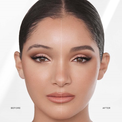 A woman's face split into before and after images showing clear skin improvement and makeup difference.