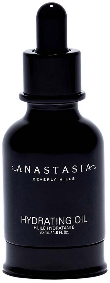 En svart flaska med pipettlock, märkt 'Anastasia Beverly Hills Hydrating Oil,' 30 ml, för hudvård.