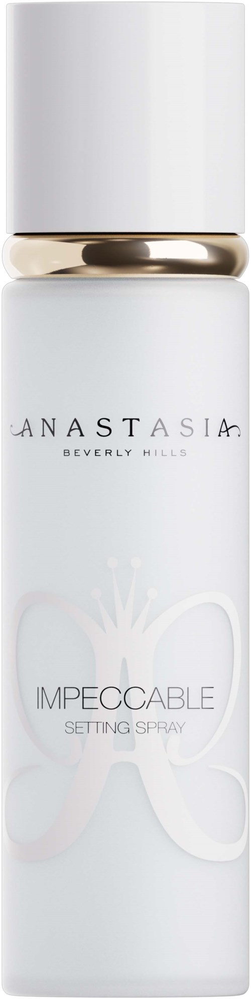 En hvid sprayflaske med guldpynt, mærket Anastasia Beverly Hills Impacable setting spray.