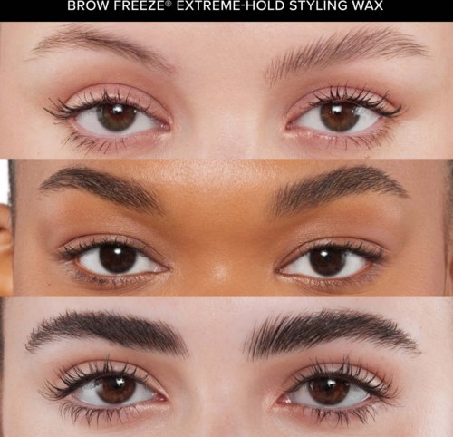 Three close-up images of eyebrows, showing different styles and shapes, from natural to more styled and thick.