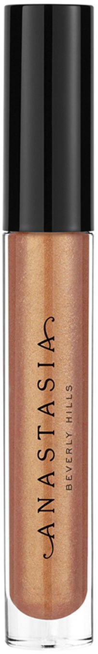 En leppglans fra Anastasia Beverly Hills med svart lokk og gjennomsiktig tube som viser den blanke, nude fargede produktet.