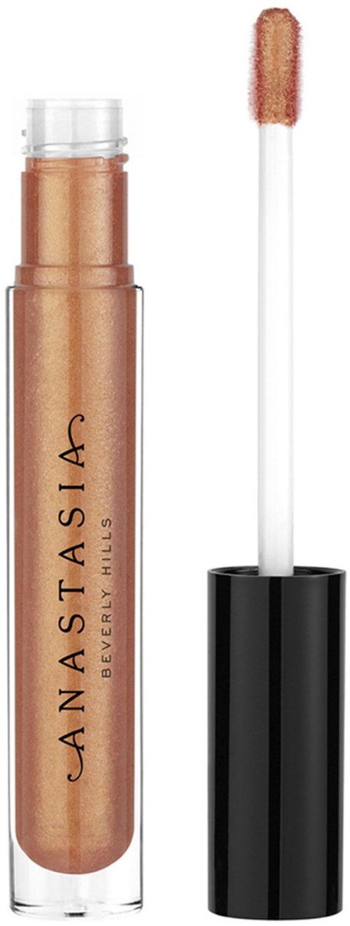 En leppeglansrør med børsteapplikator, merket 'J ANASTASIA Beverly Hills,' fylt med glans i kobberfarge.