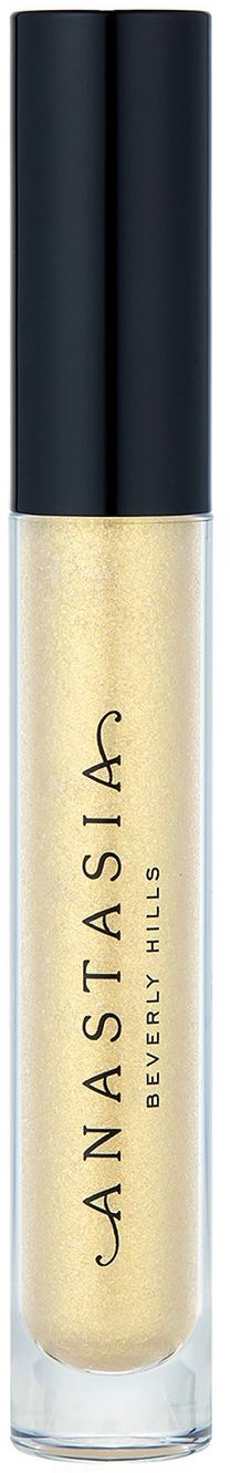 En leppepompe-glas med svart lokk, klar beholder som viser blank gullaktig gloss, merket 'Anastasia Beverly Hills'.