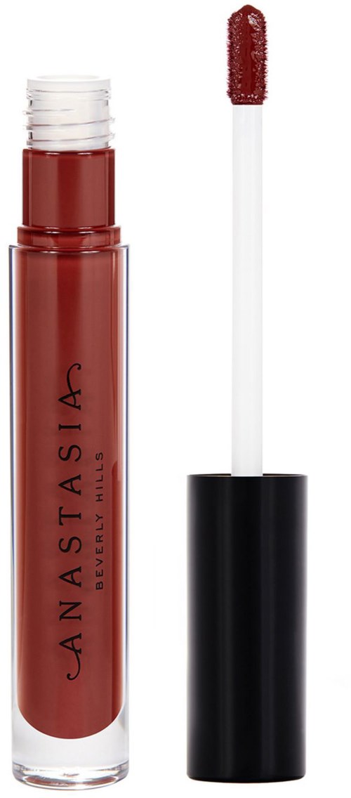 En läppglansrör med röd nyans och medföljande applikatorsvamp. Rör märkt 'Anastasia Beverly Hills'.