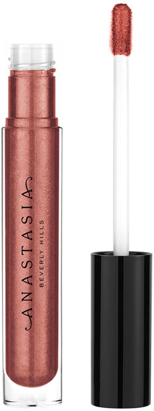 Leppglans beholder med rosa nyanse og åpen applikatorbørste. Merket er Anastasia Beverly Hills.