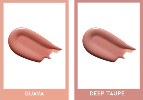 Two makeup swatches are shown, labeled as Guava and Deep Taupe, in pink frames on a white background.
