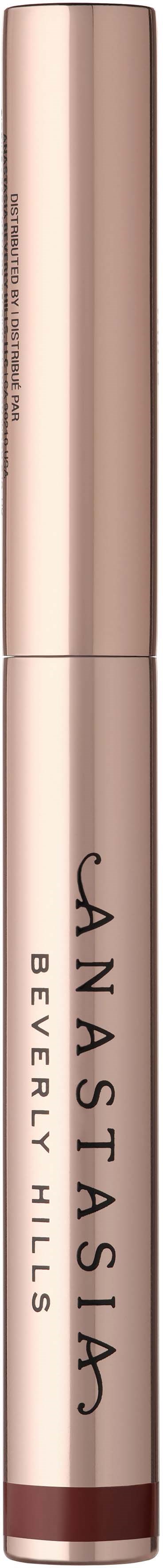 En beige leppestift med svart og gull tekst, merket som Beverly Hills, Anastasia og en leppe-ikon.