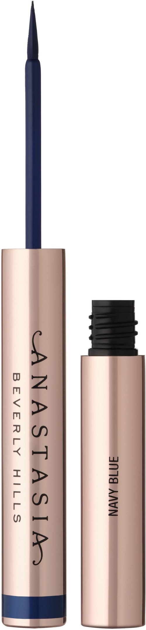 En pennelignende makeupprodukt med børste oppå og hette, merket 'Anastasia Beverly Hills' og 'Mayan Blue.'