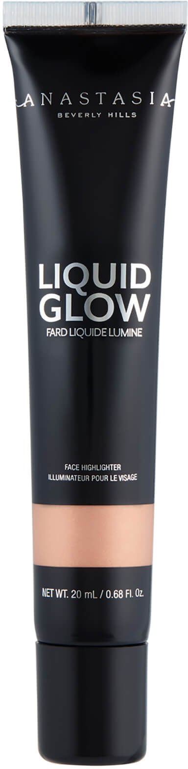 A black tube of face highlighter with a beige band, labeled 'LIQUID GLOW' by Anastasia Beverly Hills.