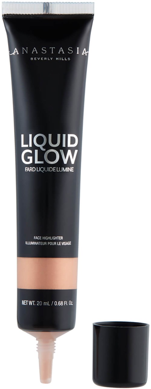 Black tube with a beige base, label reads 'Liquid Glow' for face highlighter, and a black cap.