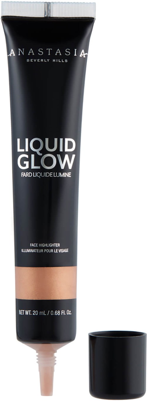 A black tube with a beige tip, labeled 'Anastasia Beverly Hills Liquid Glow', used for face highlighting.