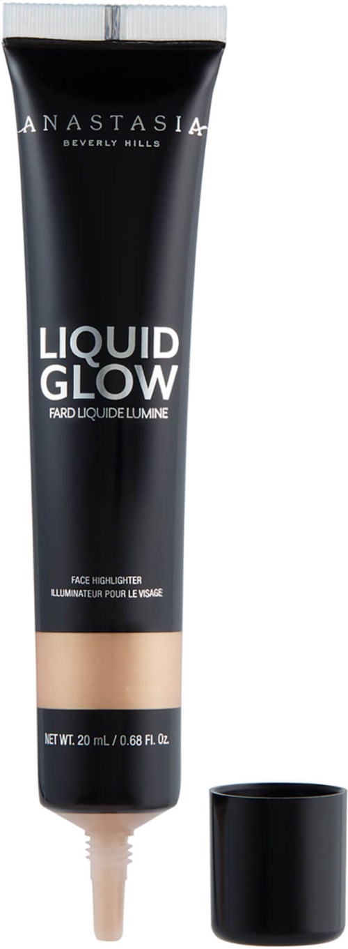 A black tube with a beige bottom cap and black lid, labeled Anastasia Beverly Hills Liquid Glow, a face highlighter.