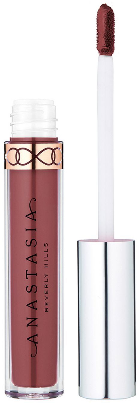 Leppglansrør med påføringsapplikator, merket Anastasia Beverly Hills, i en rødbrun farge.