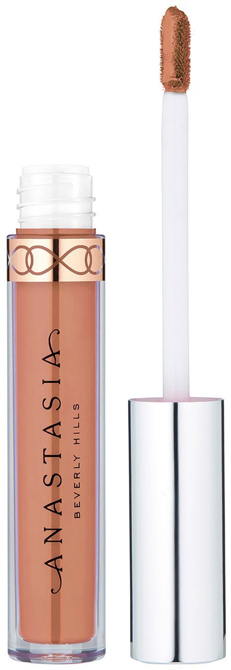 En leppeglansrør med hvit applikator og sølvfarget hette, merket 'Anastasia Beverly Hills' og produktnummer.