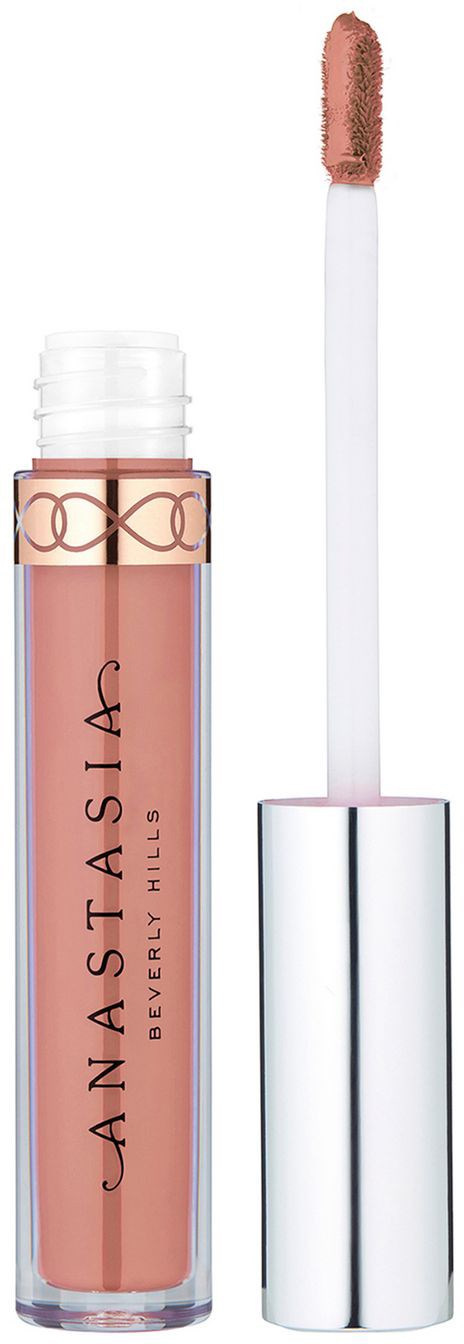 Leppglansflaske med applikator, merket 'Anastasia Beverly Hills', i rosa farge.