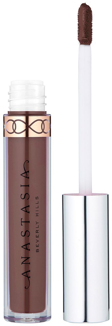 Leppeglansrør med påføringspenn, mørk brun farge, rosa gulldetaljer, merket 'Anastasia Beverly Hills'.