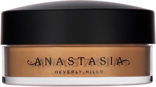 A jar of Anastasia Beverly Hills foundation with a black lid, light brown liquid inside.