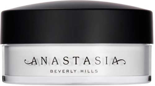 Valkoinen purkki mustalla kannella, merkki "Anastasia Beverly Hills."