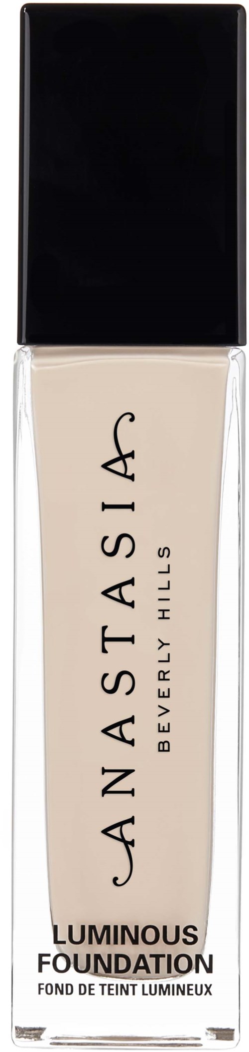 En flaska makeupgrund med svart lock och beige vätska inuti, märkt Anastasia Beverly Hills Luminous Foundation.