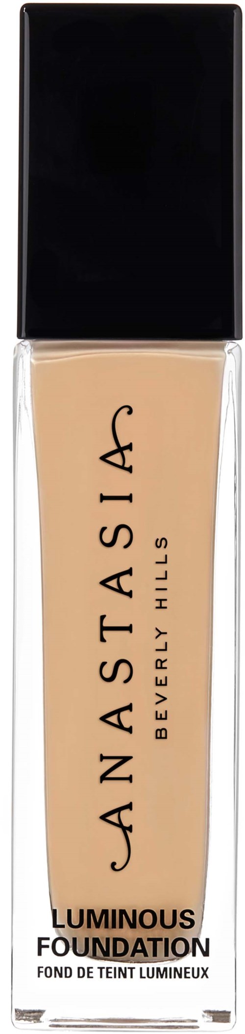En foundationflaska med svart lock, beige vätska inuti, visar märket Anastasia Beverly Hills.