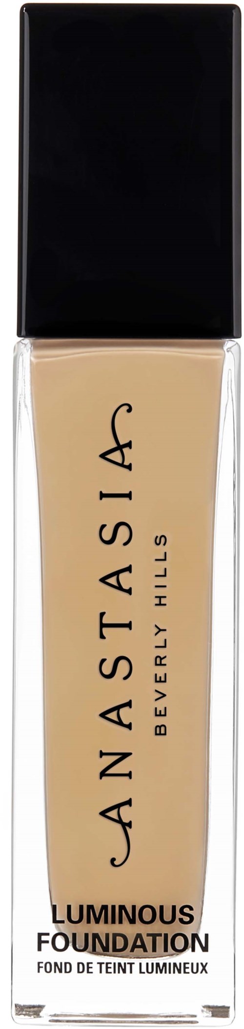 Eine Flasche Anastasia Beverly Hills luminous foundation mit schwarzem Deckel und transparentem Körper.