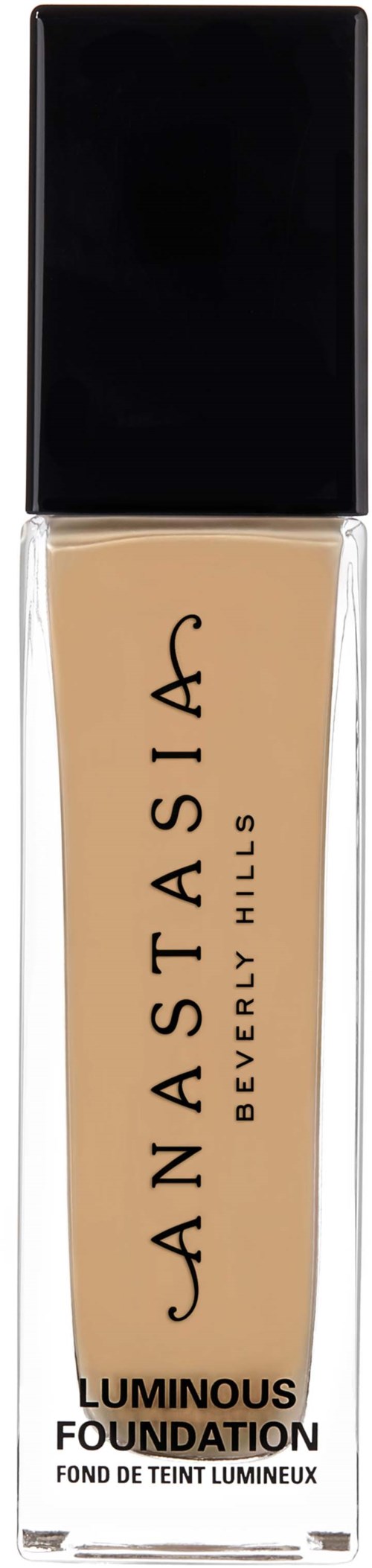 Eine Flasche Foundations von Anastasia Beverly Hills mit schwarzem Deckel und durchsichtigem Körper, der die Flüssigkeit zeigt.