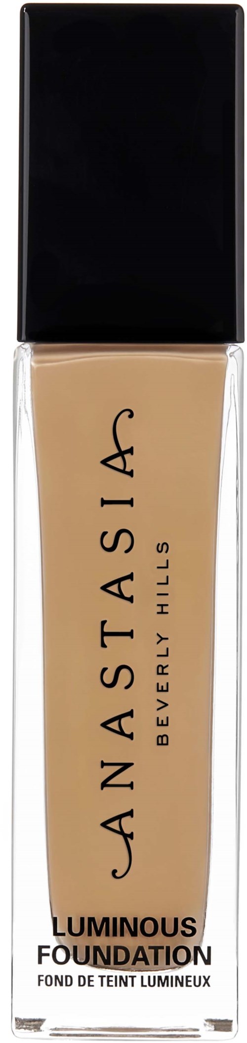 Eine Flasche Flüssigfoundation mit schwarzem Deckel und hellbeiger Flüssigkeit, beschriftet Anastasia Beverly Hills Luminous Foundation.