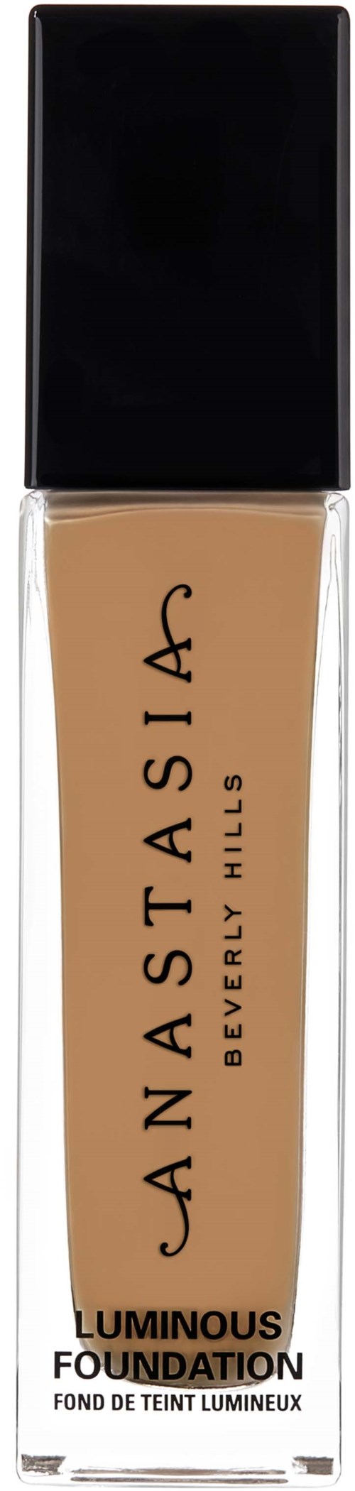 Eine beigefarbene Foundation-Flasche mit schwarzem Deckel, beschriftet Anastasia Beverly Hills Luminous Foundation.