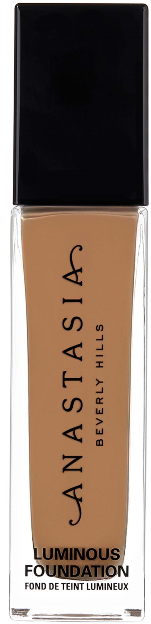 En flaska med Anastasia Beverly Hills luminous foundation med beige vätska och svart lock.