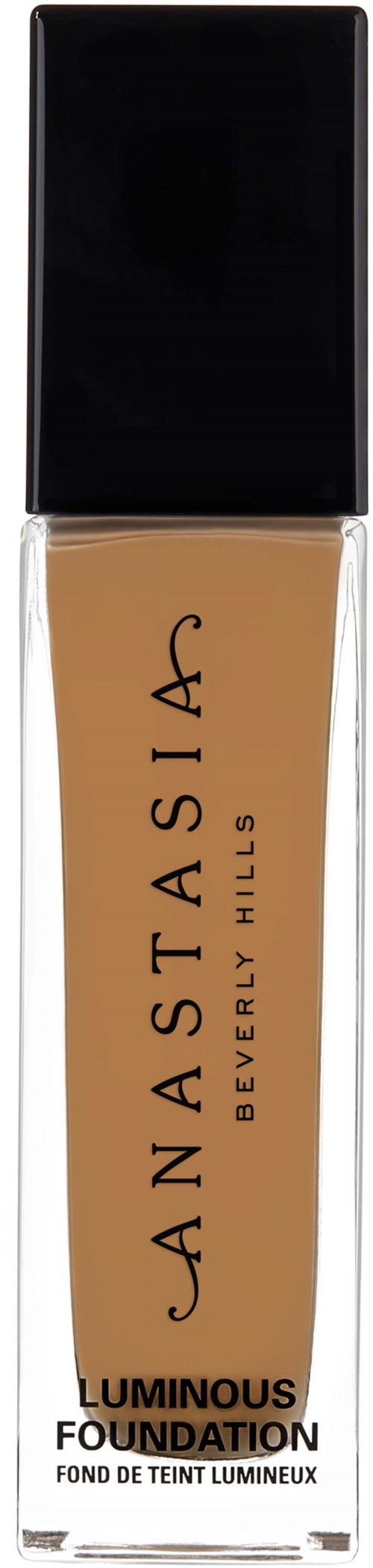 Anastasia Beverly Hillsin meikkivoidepullon, jossa Luminous Foundation -merkki, musta korkki ja beigen väristä nestettä.