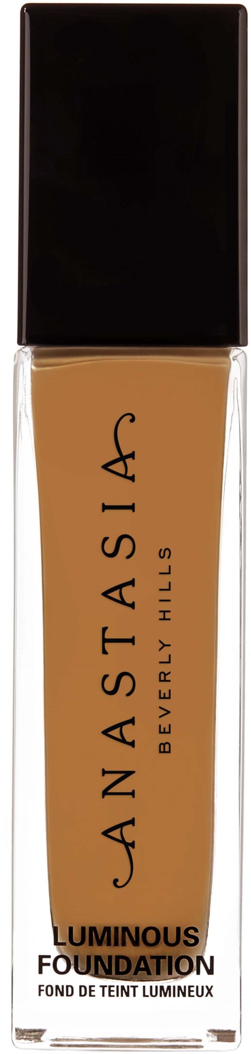 En flaska foundation med svart lock och beige vätska inuti, märkt med märket Anastasia Beverly Hills.