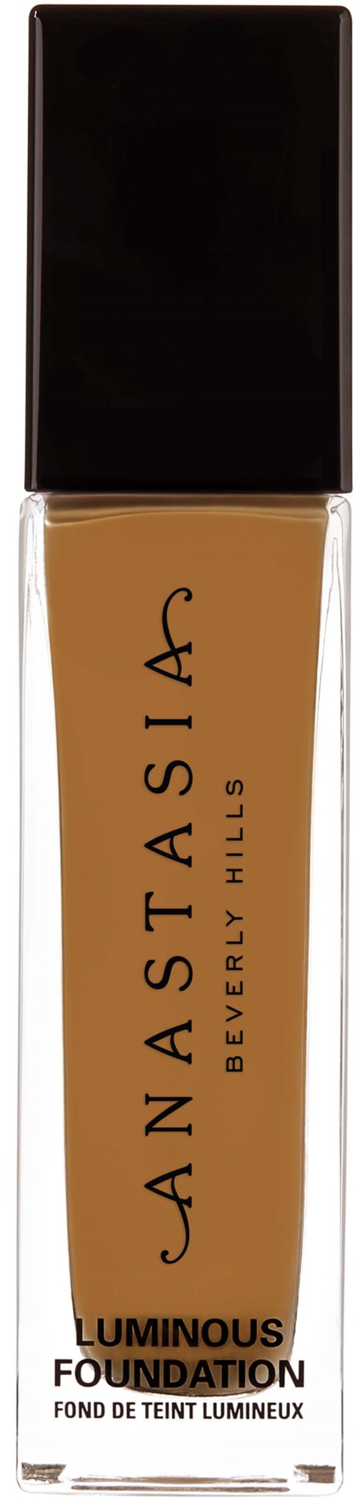 Eine Flasche Foundation mit schwarzem Deckel und beiger Flüssigkeit, beschriftet Anastasia Beverly Hills Luminous Foundation.