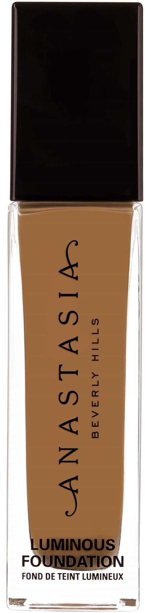 Eine Flasche Anastasia Beverly Hills Luminous Foundation. Hoch, mit schwarzem Deckel und beiger Beschriftung.