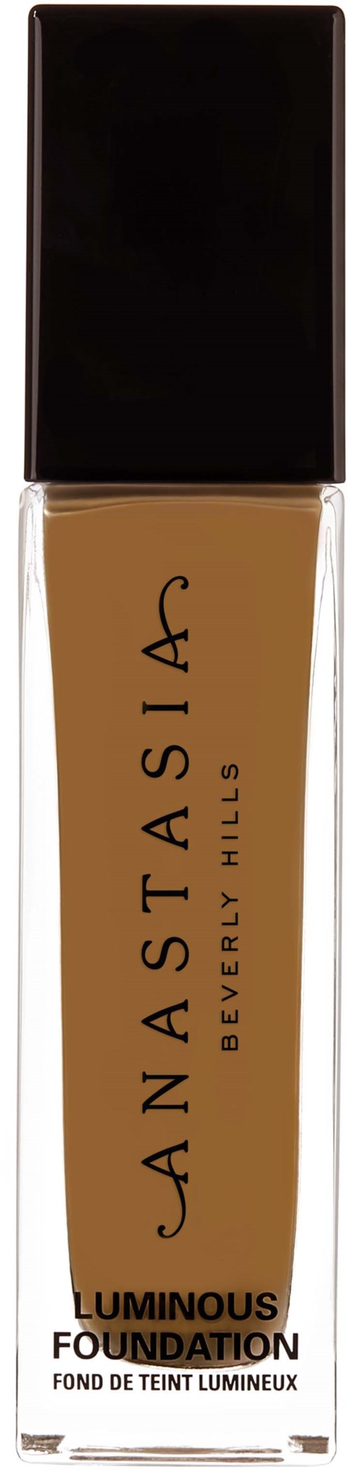 En flaska Anastasia Beverly Hills ljusreflekterande foundation med svart lock och beige vätska inuti.