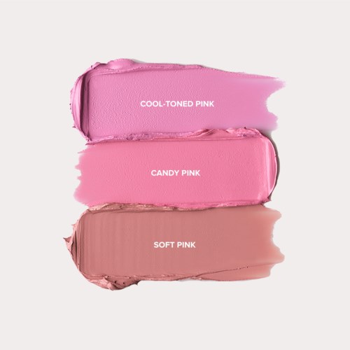 Tre rosa leppestift nyanser merket: Cool-Toned Pink, Candy Pink og Soft Pink, plassert fra topp til bunn.