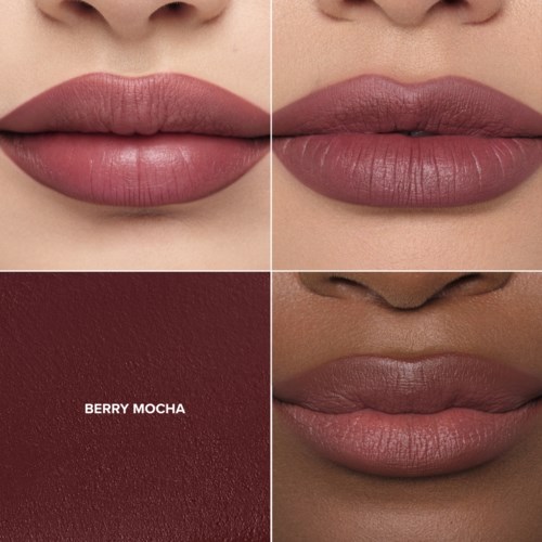 To bilder av lepper viser dem med forskjellige nyanser av bærfarget leppestift. En fargetest merket 'Berry Mocha' vises også.