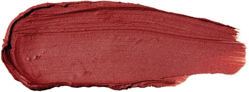 A broad, red lipstick stroke with a matte texture on a white background.