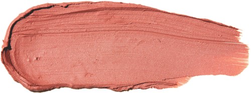 A brush stroke of reddish-pink makeup or paint on a white background.