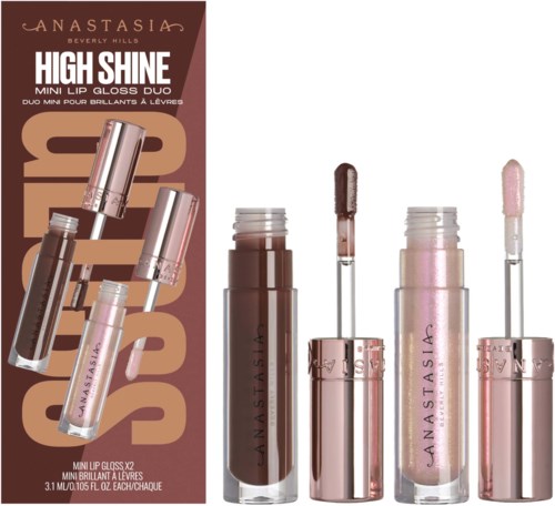 Lippen-gloss set in roségouden verpakkingen met applicatorstiften, weergegeven met verpakking en tekst over het product.
