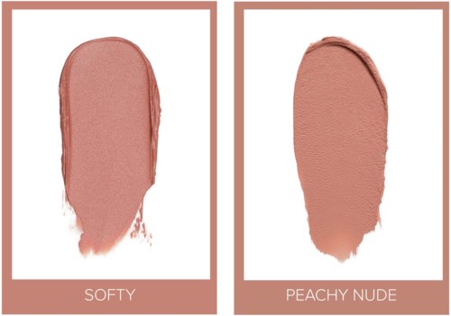 Two shades of makeup swatched side by side, labeled "Softy" and "Peachy Nude."