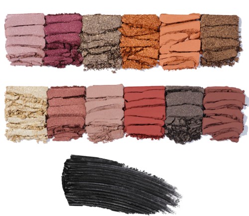 Provbitar av olika ögonskuggor i rosa, lila, guld, orange, beige, rött, svart och brunt med en svart provbit.