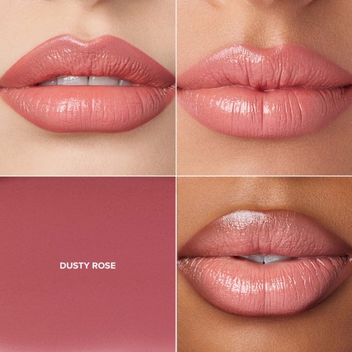 Lähivalokuva huulista eri kulmista ja dusty rose -sävyisestä huulipunasta.