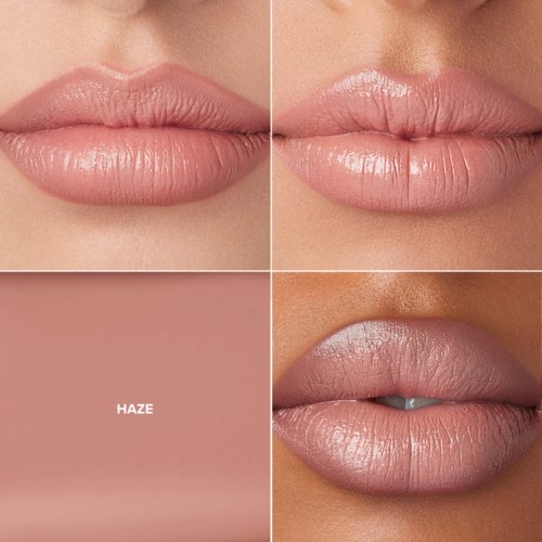 Close-up of four different lip looks, showing various shades and textures.
