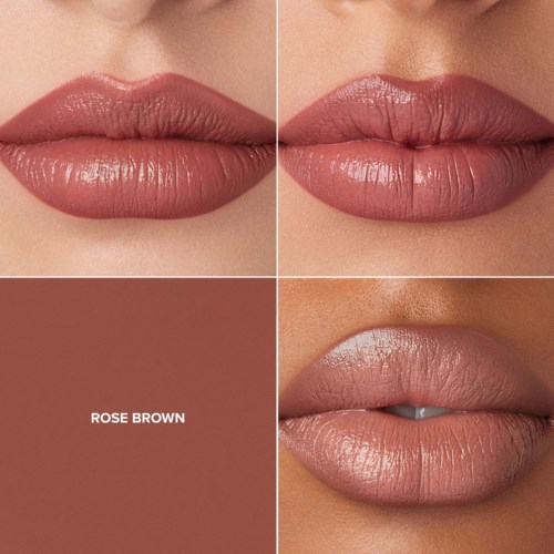 Lähikuva huulista, jotka näyttävät erilaisia ruskeita huulipunan sävyjä ja väri näytteenä 'Rose Brown'.