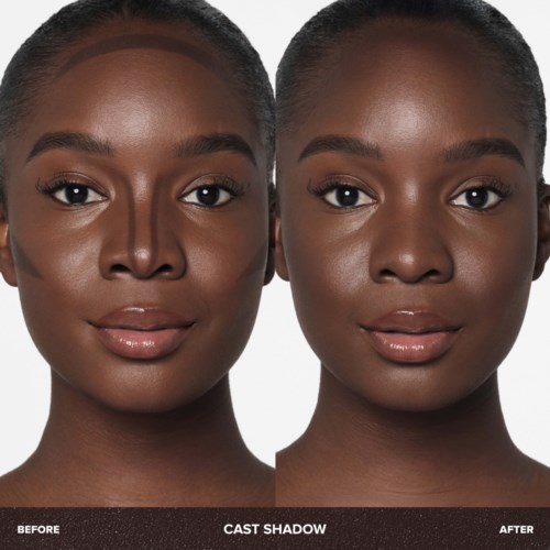 Twee vrouwen met een egale huid en natuurlijke make-up, tonen een voor- en na-beeld van cast shadow-effecten.