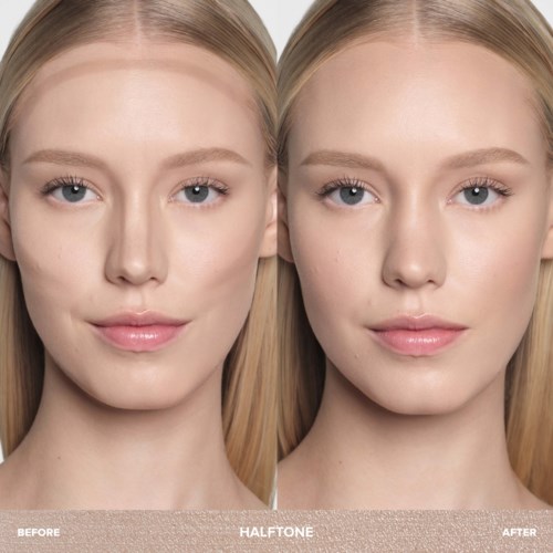 Comparison of a woman's face before, with half-toning, and after, showing clearer skin and tone.