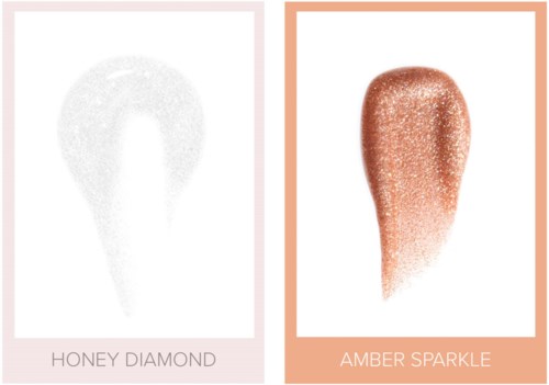 Two swatches: one labeled 'HONEY DIAMOND' is a faint, light-colored shade; the other labeled 'AMBER SPARKLE' is a shiny, copper color.